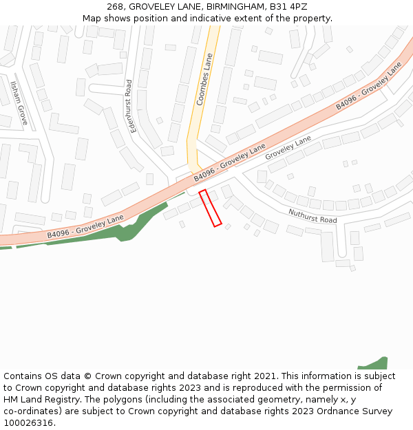 268, GROVELEY LANE, BIRMINGHAM, B31 4PZ: Location map and indicative extent of plot