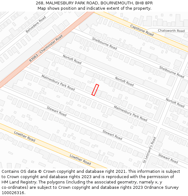 268, MALMESBURY PARK ROAD, BOURNEMOUTH, BH8 8PR: Location map and indicative extent of plot