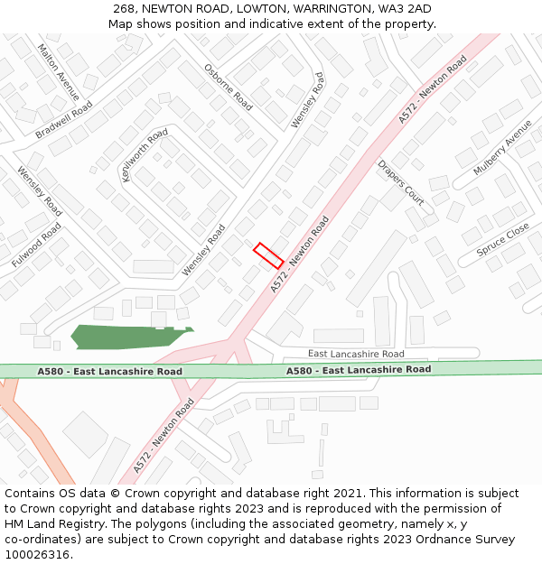 268, NEWTON ROAD, LOWTON, WARRINGTON, WA3 2AD: Location map and indicative extent of plot