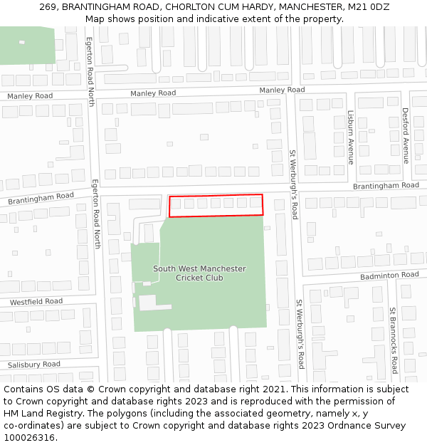 269, BRANTINGHAM ROAD, CHORLTON CUM HARDY, MANCHESTER, M21 0DZ: Location map and indicative extent of plot