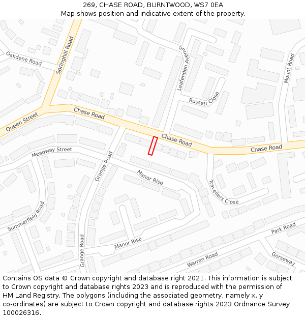 269, CHASE ROAD, BURNTWOOD, WS7 0EA: Location map and indicative extent of plot