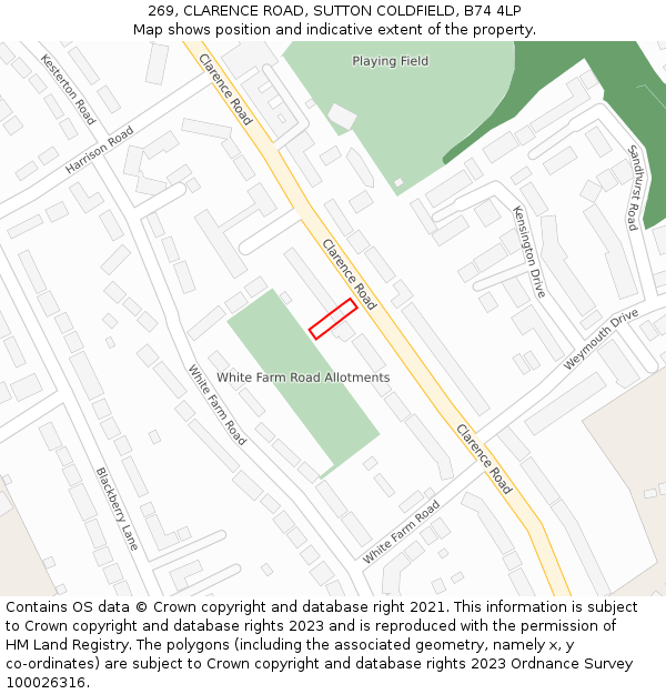 269, CLARENCE ROAD, SUTTON COLDFIELD, B74 4LP: Location map and indicative extent of plot