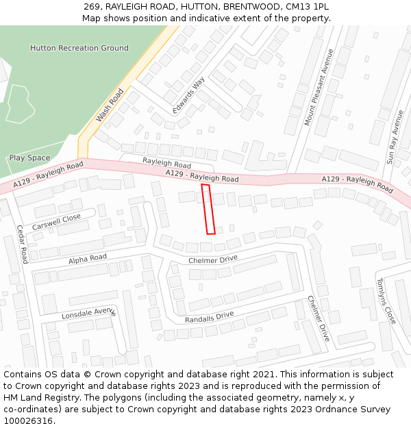 269, RAYLEIGH ROAD, HUTTON, BRENTWOOD, CM13 1PL: Location map and indicative extent of plot