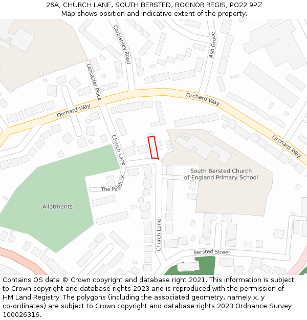 26A, CHURCH LANE, SOUTH BERSTED, BOGNOR REGIS, PO22 9PZ: Location map and indicative extent of plot