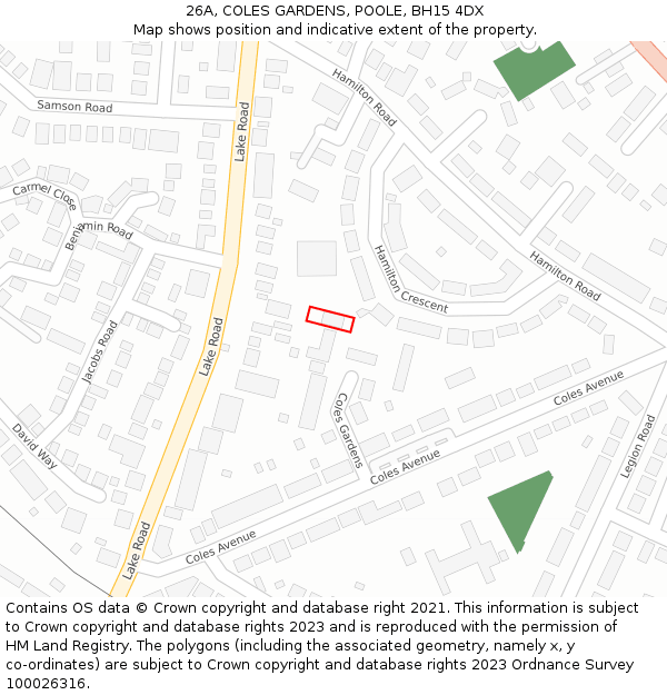 26A, COLES GARDENS, POOLE, BH15 4DX: Location map and indicative extent of plot