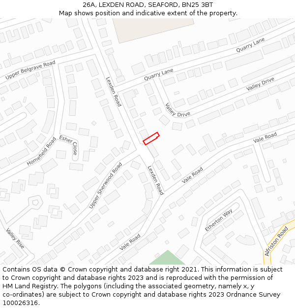 26A, LEXDEN ROAD, SEAFORD, BN25 3BT: Location map and indicative extent of plot