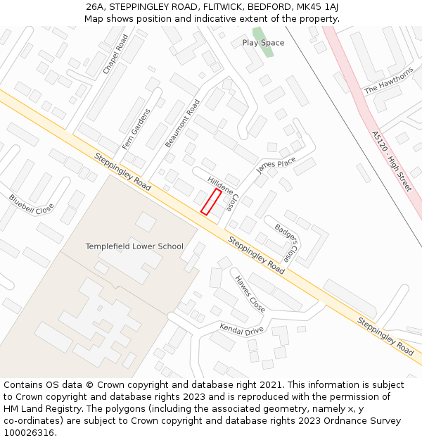 26A, STEPPINGLEY ROAD, FLITWICK, BEDFORD, MK45 1AJ: Location map and indicative extent of plot