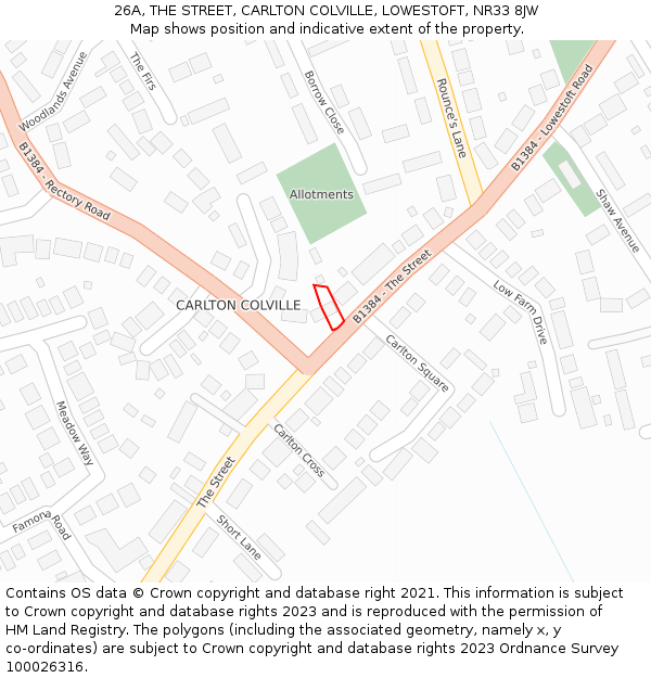 26A, THE STREET, CARLTON COLVILLE, LOWESTOFT, NR33 8JW: Location map and indicative extent of plot