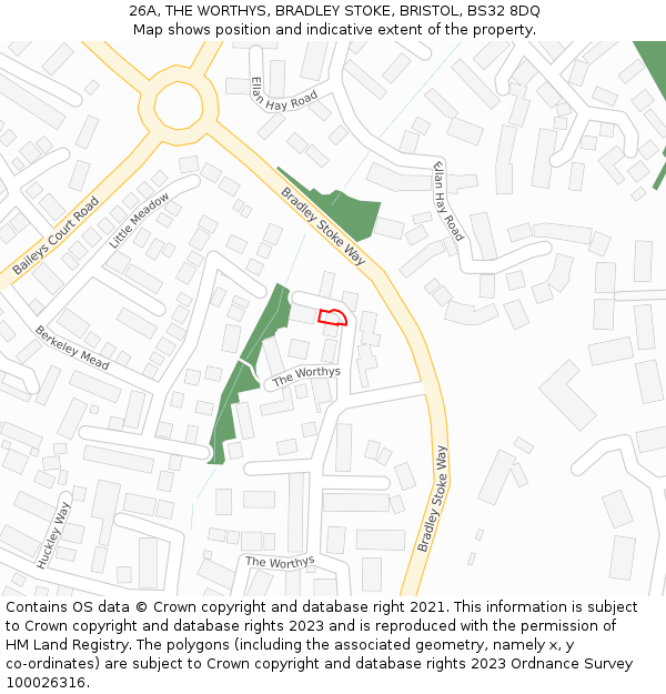 26A, THE WORTHYS, BRADLEY STOKE, BRISTOL, BS32 8DQ: Location map and indicative extent of plot