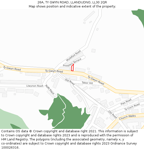 26A, TY GWYN ROAD, LLANDUDNO, LL30 2QR: Location map and indicative extent of plot