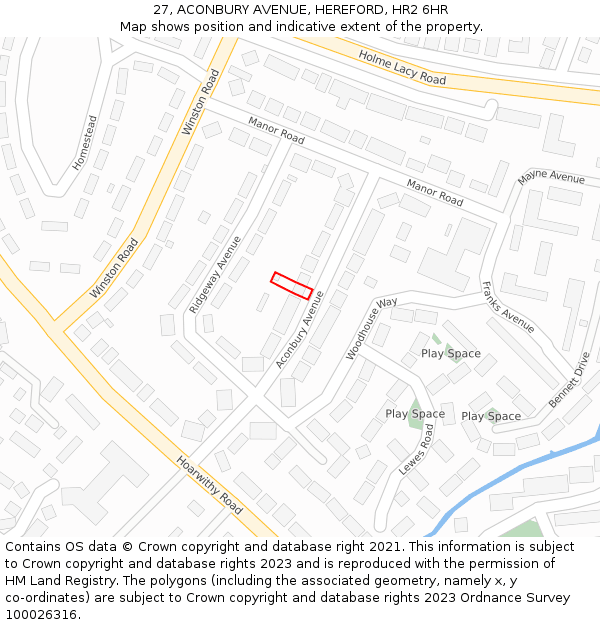 27, ACONBURY AVENUE, HEREFORD, HR2 6HR: Location map and indicative extent of plot