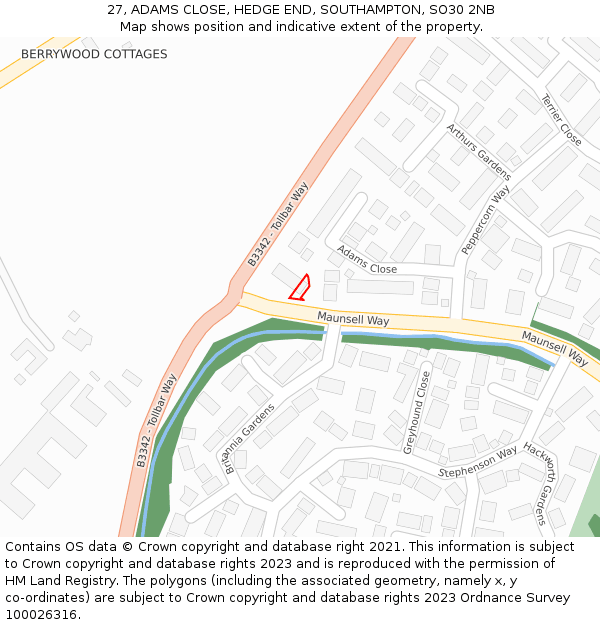 27, ADAMS CLOSE, HEDGE END, SOUTHAMPTON, SO30 2NB: Location map and indicative extent of plot