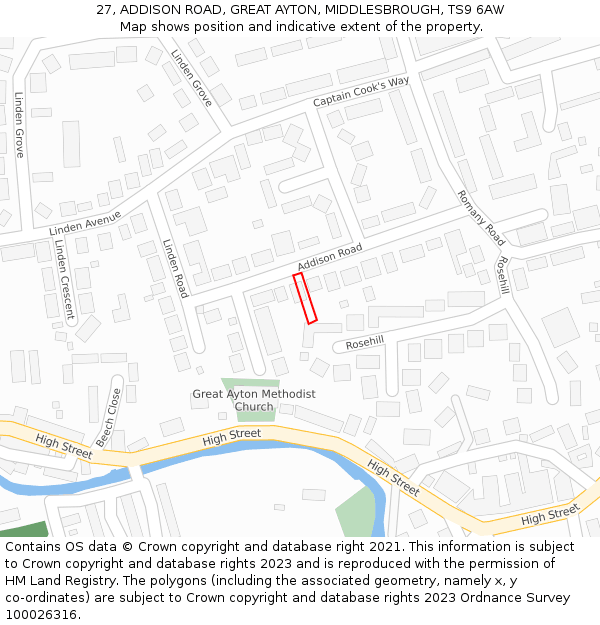 27, ADDISON ROAD, GREAT AYTON, MIDDLESBROUGH, TS9 6AW: Location map and indicative extent of plot