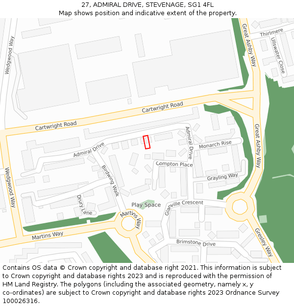 27, ADMIRAL DRIVE, STEVENAGE, SG1 4FL: Location map and indicative extent of plot