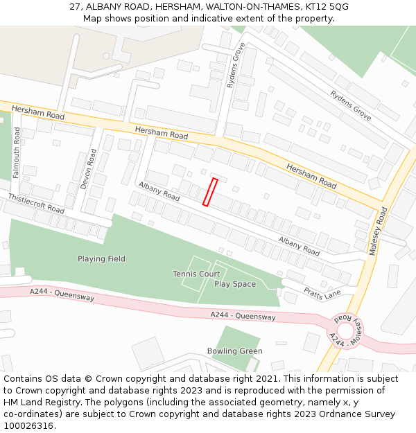 27, ALBANY ROAD, HERSHAM, WALTON-ON-THAMES, KT12 5QG: Location map and indicative extent of plot