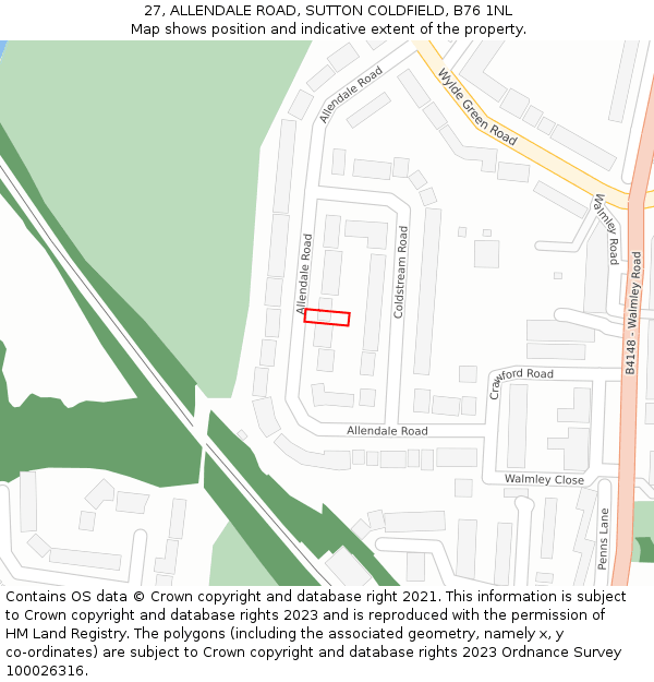 27, ALLENDALE ROAD, SUTTON COLDFIELD, B76 1NL: Location map and indicative extent of plot