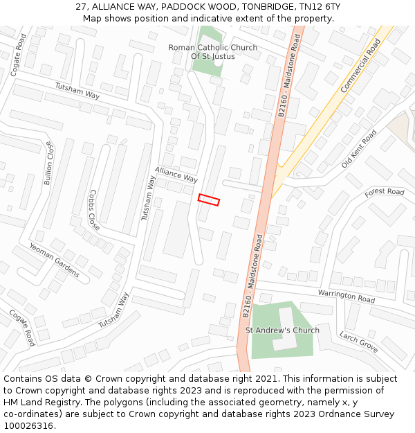 27, ALLIANCE WAY, PADDOCK WOOD, TONBRIDGE, TN12 6TY: Location map and indicative extent of plot