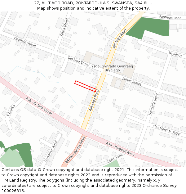 27, ALLTIAGO ROAD, PONTARDDULAIS, SWANSEA, SA4 8HU: Location map and indicative extent of plot