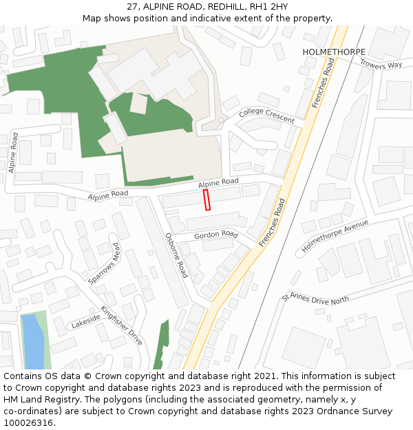 27, ALPINE ROAD, REDHILL, RH1 2HY: Location map and indicative extent of plot