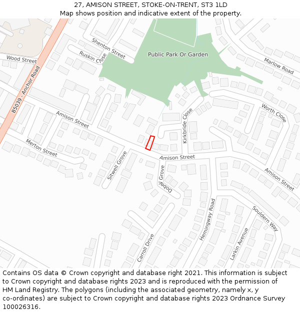 27, AMISON STREET, STOKE-ON-TRENT, ST3 1LD: Location map and indicative extent of plot