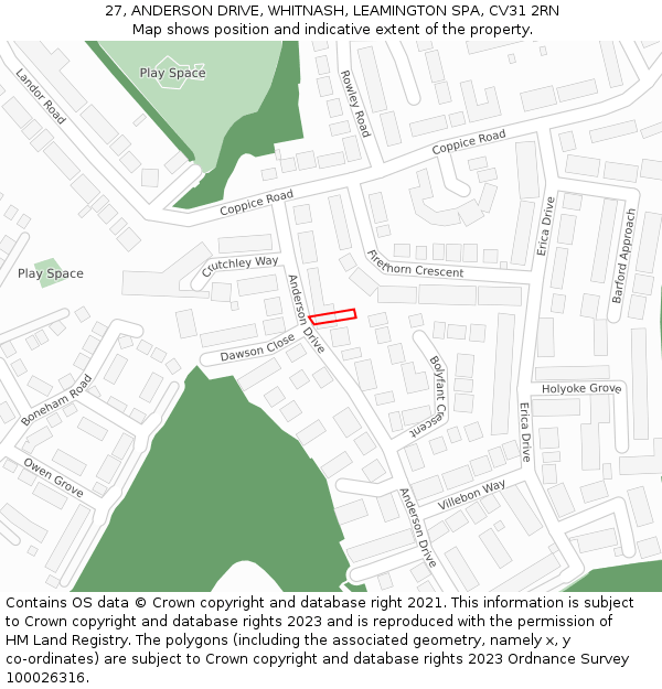 27, ANDERSON DRIVE, WHITNASH, LEAMINGTON SPA, CV31 2RN: Location map and indicative extent of plot