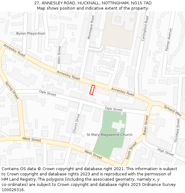 27, ANNESLEY ROAD, HUCKNALL, NOTTINGHAM, NG15 7AD: Location map and indicative extent of plot