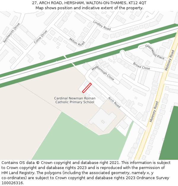 27, ARCH ROAD, HERSHAM, WALTON-ON-THAMES, KT12 4QT: Location map and indicative extent of plot