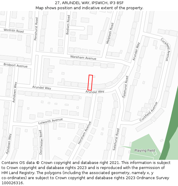 27, ARUNDEL WAY, IPSWICH, IP3 8SF: Location map and indicative extent of plot