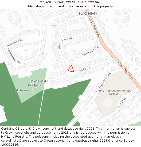 27, ASH GROVE, COLCHESTER, CO2 0AH: Location map and indicative extent of plot