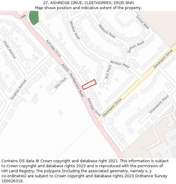 27, ASHRIDGE DRIVE, CLEETHORPES, DN35 9NN: Location map and indicative extent of plot