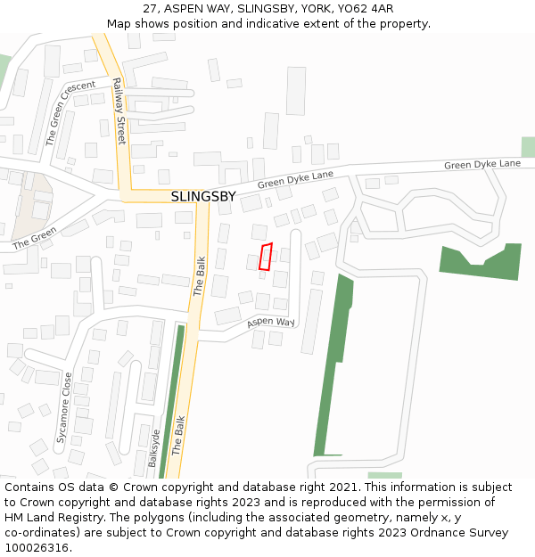 27, ASPEN WAY, SLINGSBY, YORK, YO62 4AR: Location map and indicative extent of plot