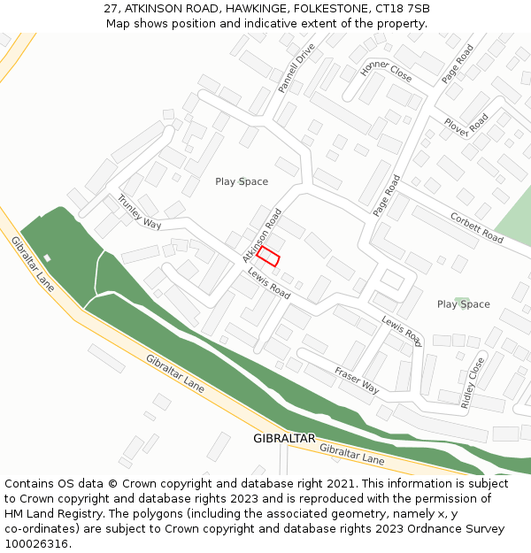 27, ATKINSON ROAD, HAWKINGE, FOLKESTONE, CT18 7SB: Location map and indicative extent of plot