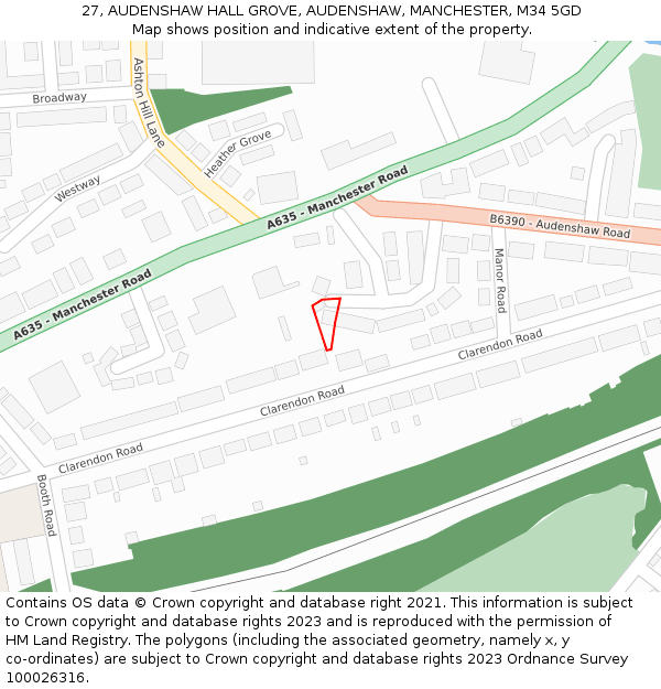 27, AUDENSHAW HALL GROVE, AUDENSHAW, MANCHESTER, M34 5GD: Location map and indicative extent of plot