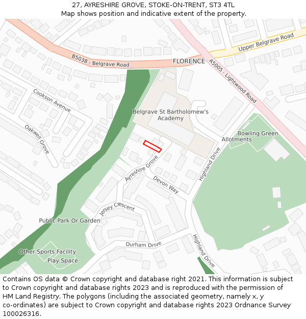 27, AYRESHIRE GROVE, STOKE-ON-TRENT, ST3 4TL: Location map and indicative extent of plot