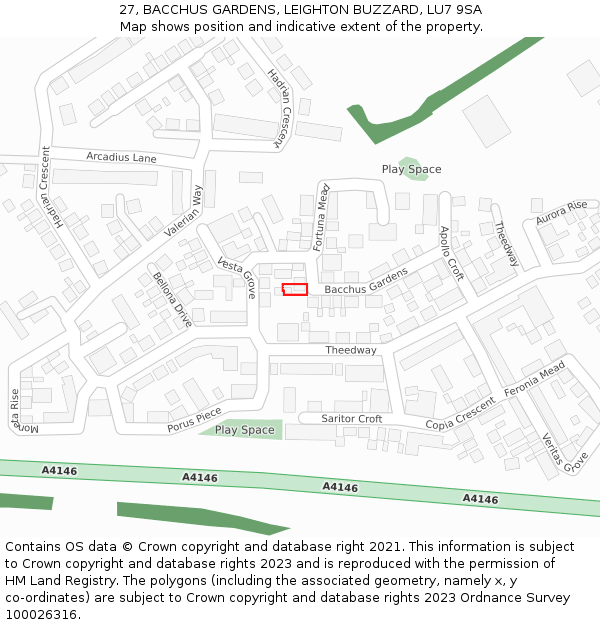 27, BACCHUS GARDENS, LEIGHTON BUZZARD, LU7 9SA: Location map and indicative extent of plot