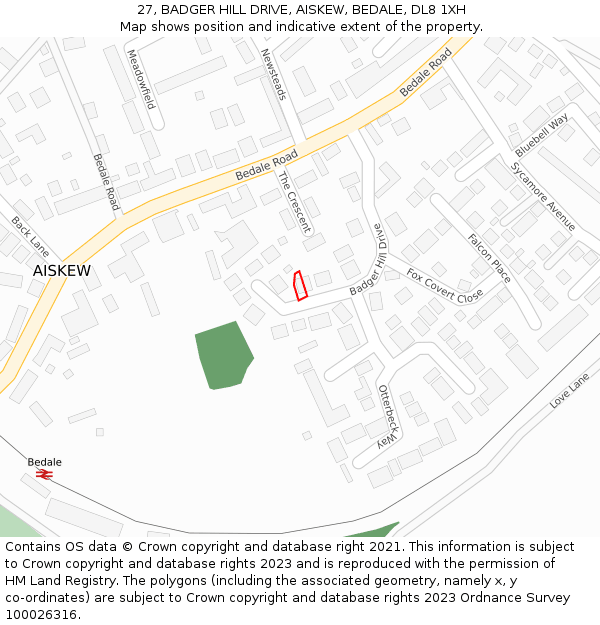 27, BADGER HILL DRIVE, AISKEW, BEDALE, DL8 1XH: Location map and indicative extent of plot