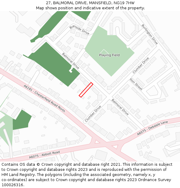 27, BALMORAL DRIVE, MANSFIELD, NG19 7HW: Location map and indicative extent of plot