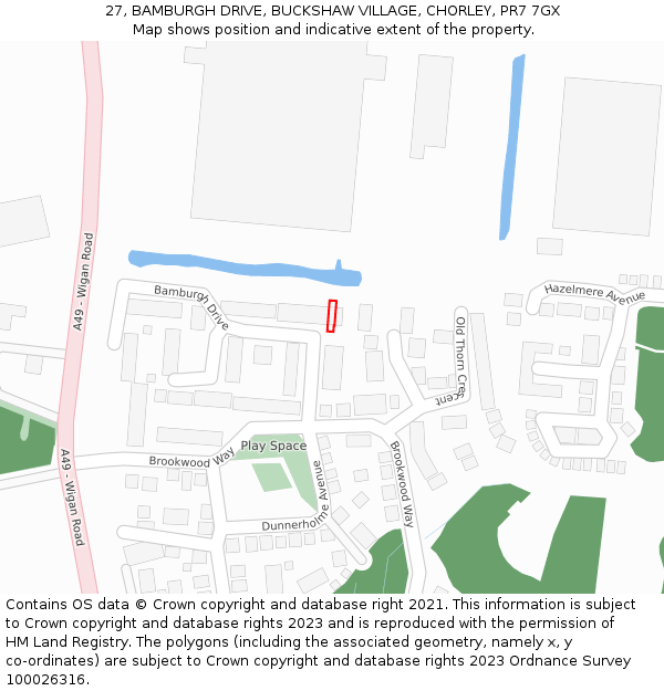 27, BAMBURGH DRIVE, BUCKSHAW VILLAGE, CHORLEY, PR7 7GX: Location map and indicative extent of plot