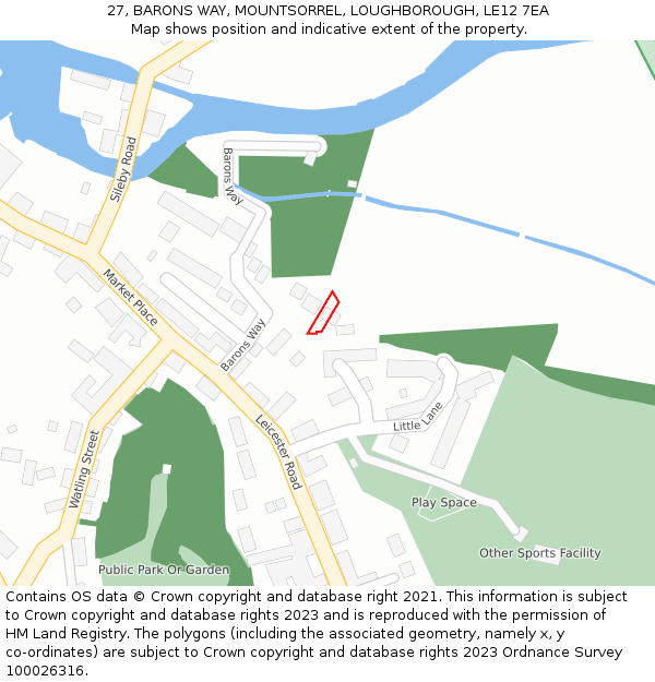 27, BARONS WAY, MOUNTSORREL, LOUGHBOROUGH, LE12 7EA: Location map and indicative extent of plot