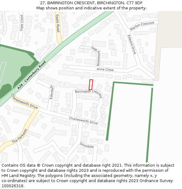 27, BARRINGTON CRESCENT, BIRCHINGTON, CT7 9DF: Location map and indicative extent of plot