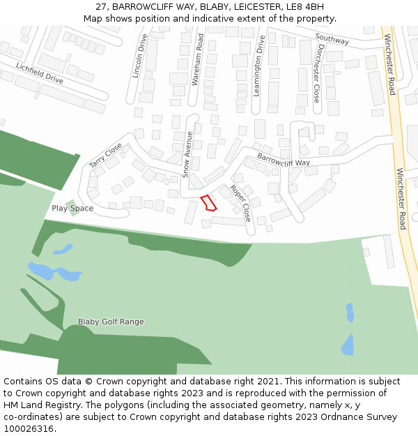 27, BARROWCLIFF WAY, BLABY, LEICESTER, LE8 4BH: Location map and indicative extent of plot