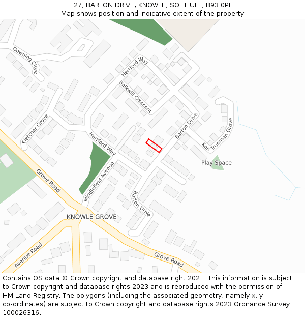 27, BARTON DRIVE, KNOWLE, SOLIHULL, B93 0PE: Location map and indicative extent of plot