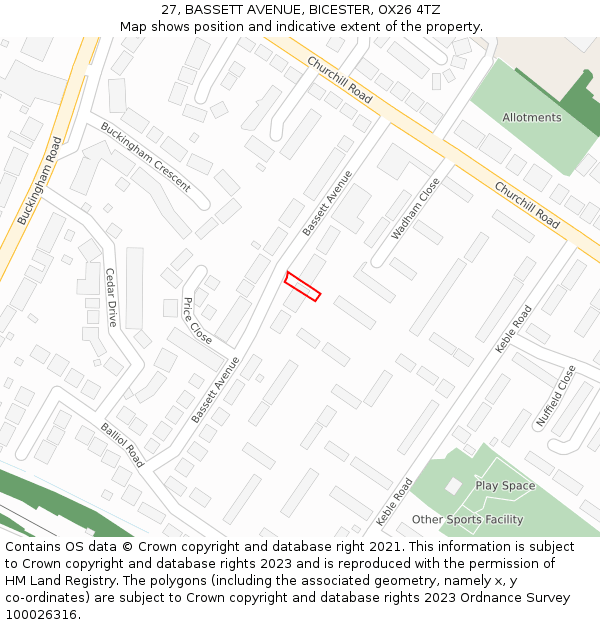 27, BASSETT AVENUE, BICESTER, OX26 4TZ: Location map and indicative extent of plot