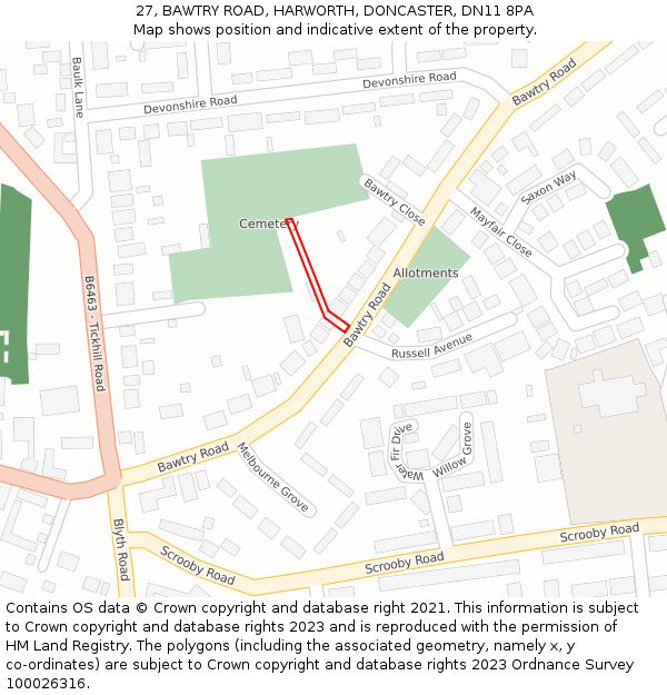27, BAWTRY ROAD, HARWORTH, DONCASTER, DN11 8PA: Location map and indicative extent of plot
