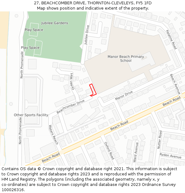 27, BEACHCOMBER DRIVE, THORNTON-CLEVELEYS, FY5 1FD: Location map and indicative extent of plot