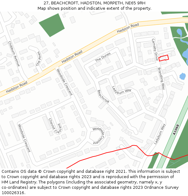 27, BEACHCROFT, HADSTON, MORPETH, NE65 9RH: Location map and indicative extent of plot