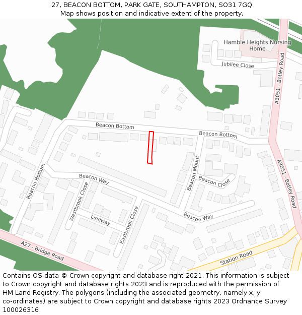 27, BEACON BOTTOM, PARK GATE, SOUTHAMPTON, SO31 7GQ: Location map and indicative extent of plot
