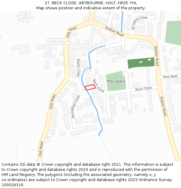 27, BECK CLOSE, WEYBOURNE, HOLT, NR25 7HL: Location map and indicative extent of plot