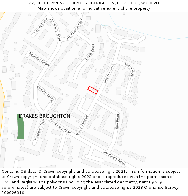 27, BEECH AVENUE, DRAKES BROUGHTON, PERSHORE, WR10 2BJ: Location map and indicative extent of plot