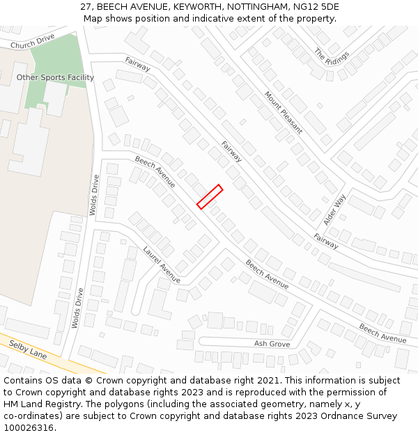 27, BEECH AVENUE, KEYWORTH, NOTTINGHAM, NG12 5DE: Location map and indicative extent of plot